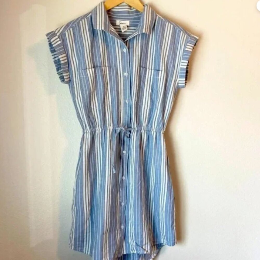 Japna Blue & White Collared Striped Button Down Cinched Dress Sz XS